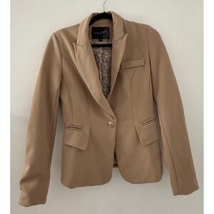 Attentif Tan Textured Blazer Skull Lining Elbow Patches Gold Button Size 36
